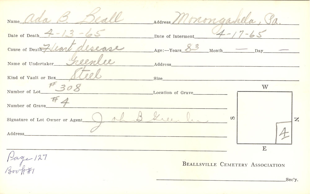 Ada B. Beall  burial card